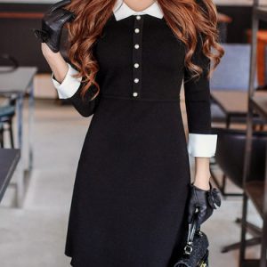 Girly Peter Pan Collar Color-block Long Sleeve Plain Mini Dress