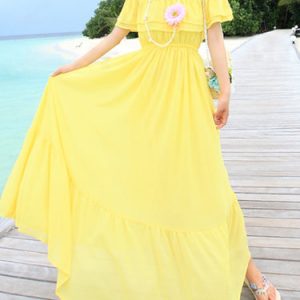 Girly Shirred Solid Chiffon Swing Maxi Dress