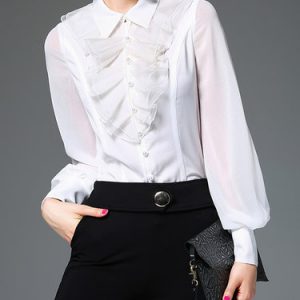 Girly Shirt Collar Long Sleeve Ruffled Blouse