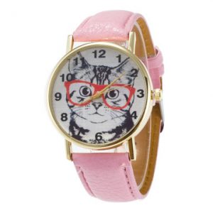 Glasses Cat PU Leather Band Watch