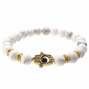 Gold Hamsa White Beaded Stretch Bracelet