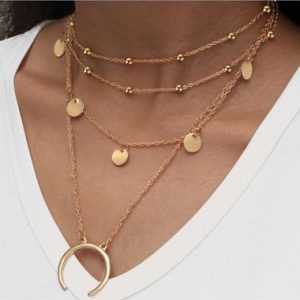 Gold Metal Layered Sequin Decorated Necklace for Woman - One Size