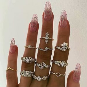 Gold Metal Rhinestone Embellished Ring Set - One Size