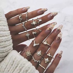 Gold Metal Rhinestone Embellished Ring Set - One Size