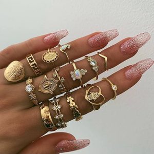 Gold Metal Rhinestone Embellished Various Shape Ring Set - One Size