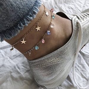 Gold Metal Star Shape Rhinestone Embellished Anklet - One Size