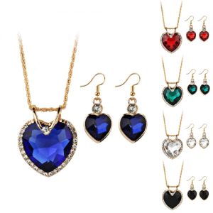 Gold Plated Jewelry Set for Women Crystal Heart Necklace Earrings Jewelry Wedding Accessories