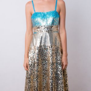 Golden A-line Glitter-finished Spaghetti Midi Dress