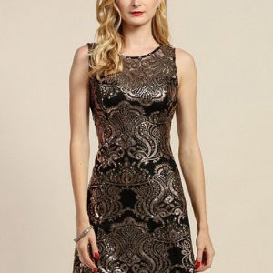 Golden Lace Sleeveless Sequins Embellished Party Dress