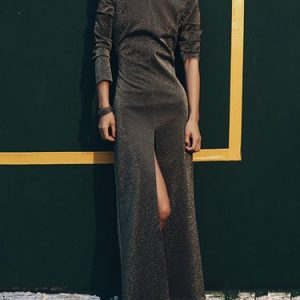 Golden Long Sleeve Glitter-finished Slit Elegant Maxi Dress