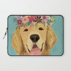 Golden Retriever Dog with Floral Crown Art Print - Funny Decoration Gift - Cute Room Decor - Poster Computer Cover by Mia Charro - Laptop Sleeve - 13"