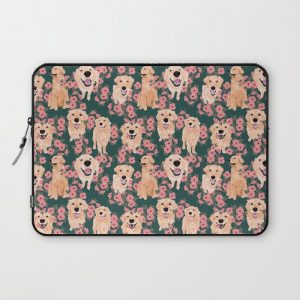 Golden Retriever and flowers on green Computer Cover by Teri Martin - Laptop Sleeve - 13"