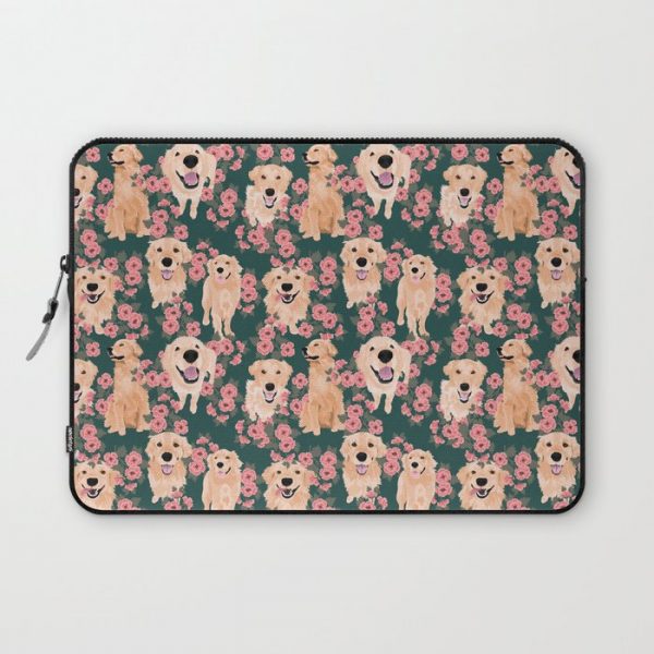 Golden Retriever and flowers on green Computer Cover by Teri Martin - Laptop Sleeve - 13"