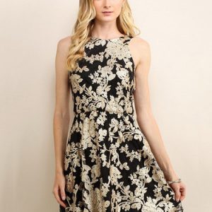 Golden Sequins Floral Embroidered Skater Party Dress