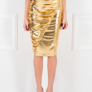 Golden Sheath Elegant Ruched Solid Midi Skirt