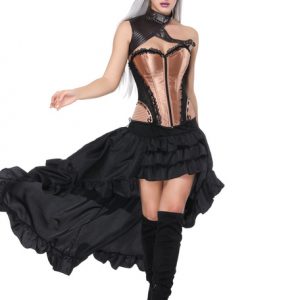 Gothic Costume Halloween Gold Women Corset Ruffles High Low Skirt And Pauldron Outfit