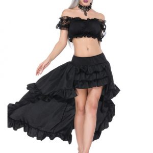 Gothic Costume Halloween Women Black Crop Top Corset Rufffles Asymmetrical Skirt