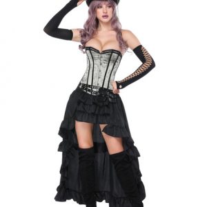 Gothic Costume Halloween Women Corset Fanny Pack Rufffles Asymmetrical Skirt 3 Piece