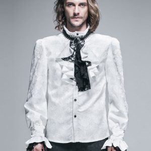 Gothic Shirts Men Halloween Costume White Top Long Sleeve Ruffles Lace Retro Blouses