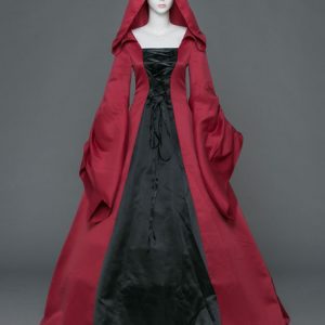 Gothic Vintage Costume Women's Brick Red Hooded Long Dresses