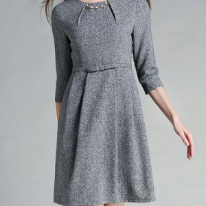 Gray 3/4 Sleeve Plain A-line Midi Dress