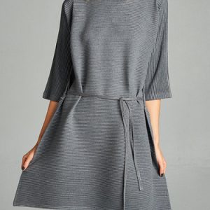 Gray 3/4 Sleeve Ribbed Plain Mini Dress with Belt