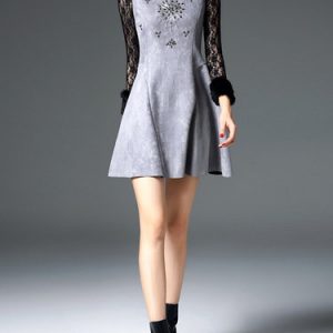 Gray A-line Beaded Casual Mini Dress