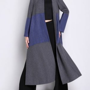 Gray A-line Crew Neck Color-block Wool-blend Long Sleeve Coat