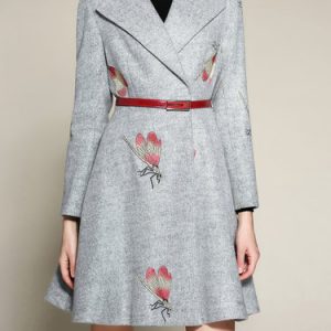 Gray A-line Long Sleeve Embroidered Coat