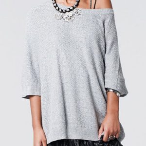 Gray Batwing Knitted Solid Slash Neck Tunic