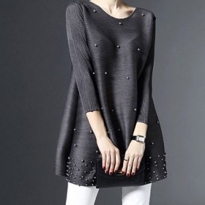 Gray Beaded Plain 3/4 Sleeve Crew Neck Tunic