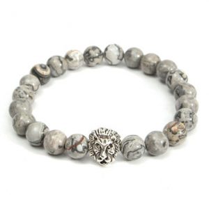 Gray Beads Lion Head Elastic Bracelet