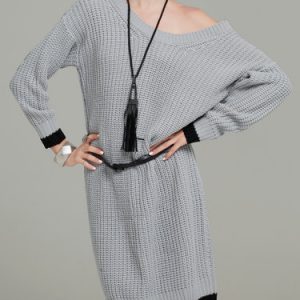 Gray Casual Color-block Knitted Sweater Dress