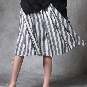 Gray Casual Linen Stripes Pockets Midi Skirt