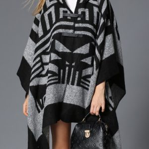 Gray Casual V Neck Printed Asymmetric Poncho