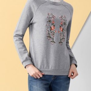 Gray Casual Zipper Floral H-line Long Sleeved Top