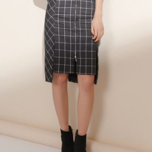 Gray Checkered/Plaid Casual Polyester Asymmetric Midi Skirt