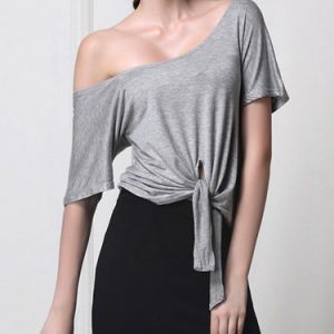 Gray Cotton-blend Ruffled Short Sleeve T-Shirt