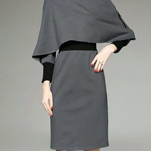 Gray Cotton-blend Sheath Cape Batwing Color Block Slit Midi Dress