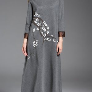 Gray Crew Neck 3/4 Sleeve Floral-print Midi Dress with Pockets