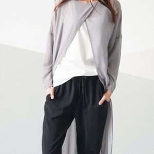 Gray Crew Neck Simple A-line Chiffon Coat