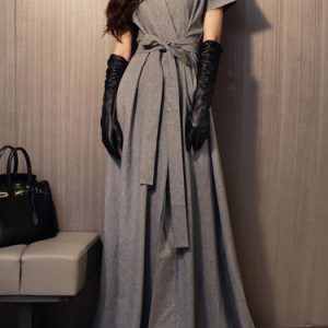 Gray Elegant Slit Cotton-blend Surplice Neck Wrap Dress