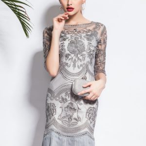 Gray Floral Half Sleeve Pleated Two Piece Midi Dress