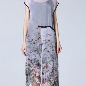 Gray Floral Short Sleeve Silk Two Piece Midi Dress