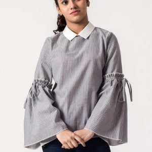 Gray Gathered Cotton Bell Sleeve Stripes Blouse