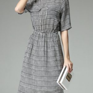 Gray Geometric Short Sleeve Silk A-line Midi Dress