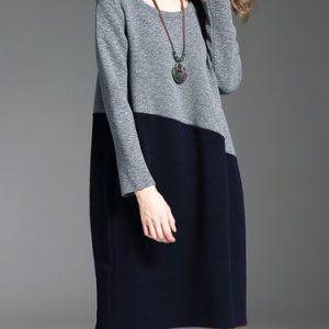 Gray H-line Color-block Long Sleeve Crew Neck Midi Dress