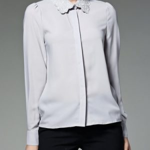 Gray H-line Embroidered Simple Shirt Collar Blouse