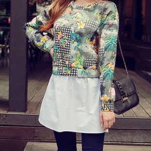 Gray H-line Printed Spandex Long Sleeve Two Piece Sweatshirt