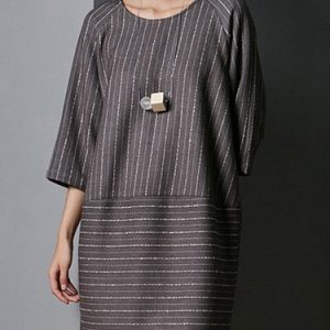 Gray H-line Stripes 3/4 Sleeve Midi Dress